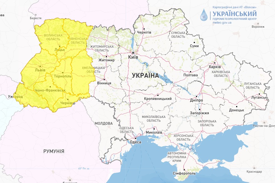 Карта опасных погодных явлений в Украине